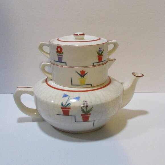 vtg MCM flower design teapot creamer sugar all in one Jubilee tea set Japan - Picture 3 of 8